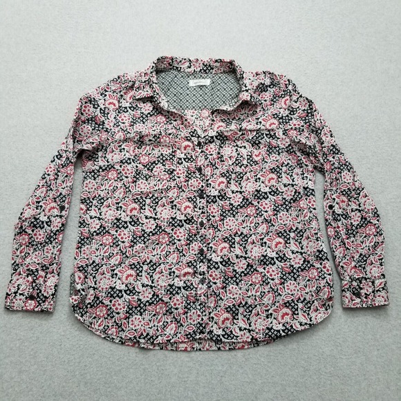Dressbarn Shirt Womens Large Black Red Floral Button Up‎ Pockets Long Sleeve - Picture 1 of 12